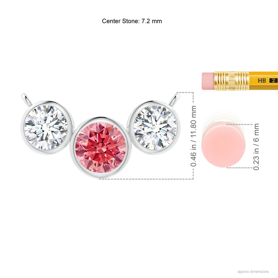 7.2mm Labgrown Three Stone Bezel-Set Round Lab-Grown Fancy Intense Pink Diamond Pendant in White Gold ruler