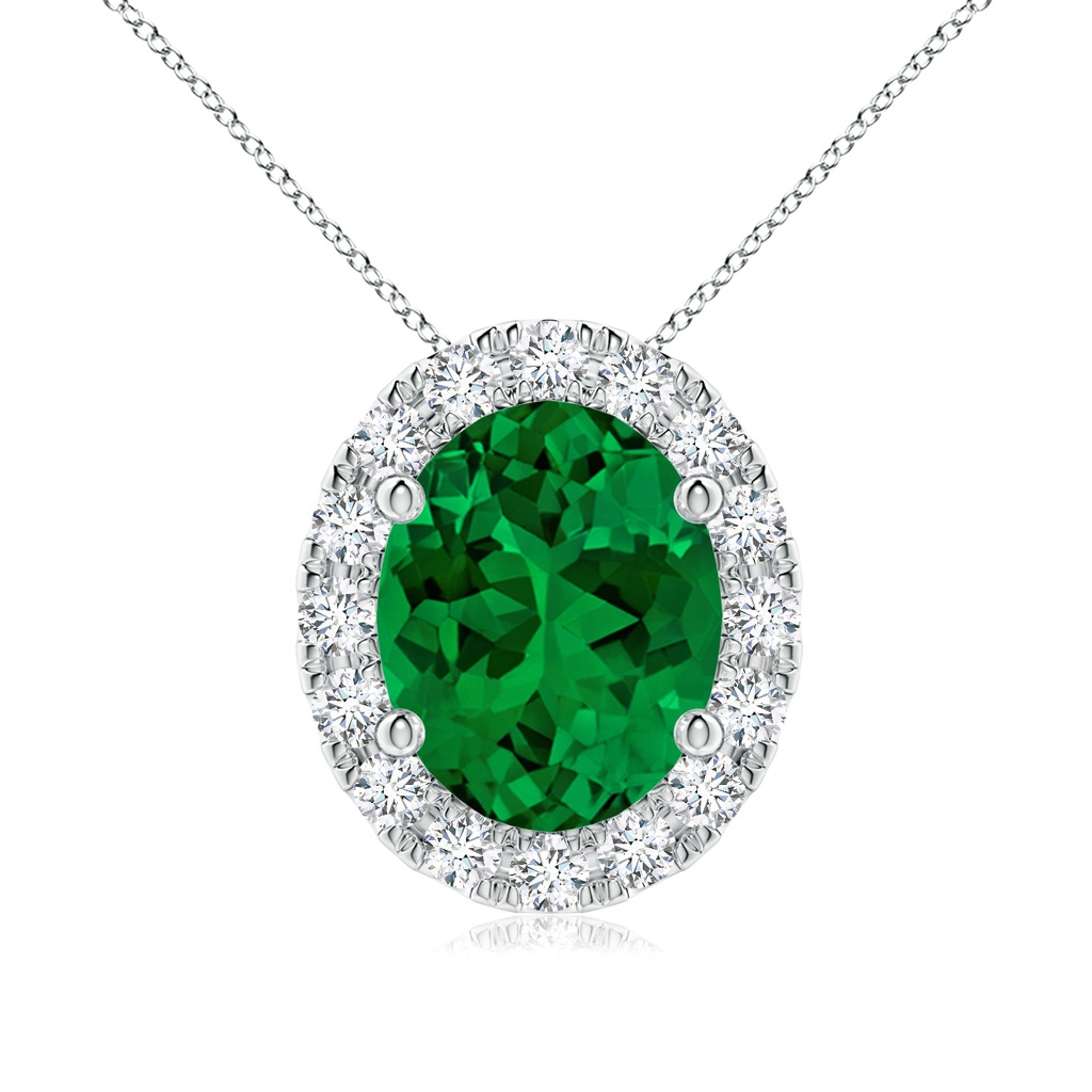 10x8mm Labgrown Lab-Grown Oval Emerald Halo Pendant in White Gold