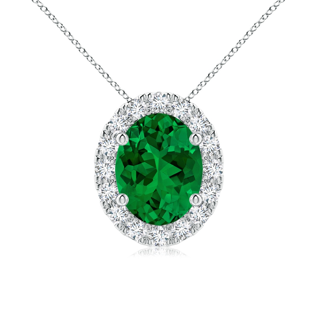 9x7mm Labgrown Lab-Grown Oval Emerald Halo Pendant in White Gold 