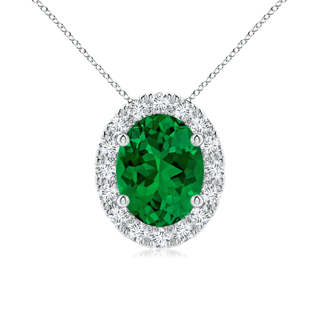 9x7mm Labgrown Lab-Grown Oval Emerald Halo Pendant in White Gold