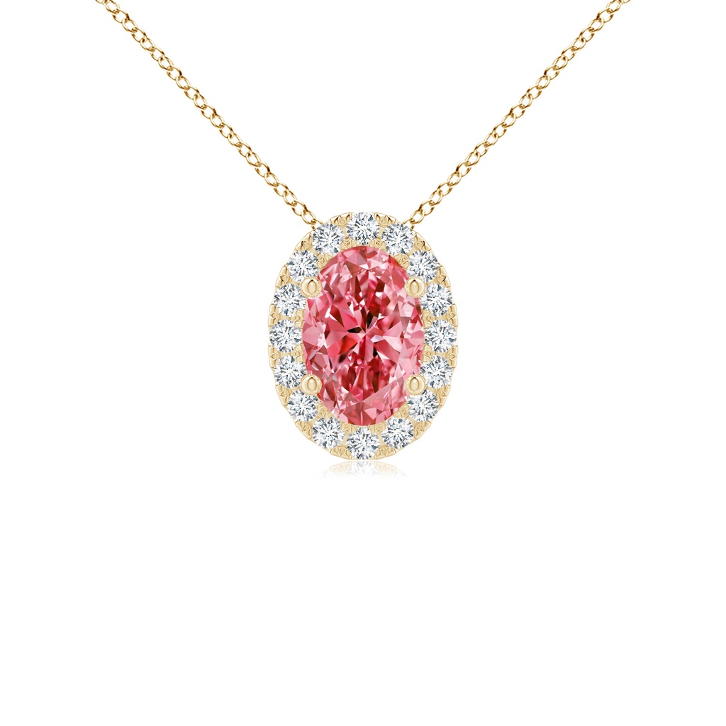 6x4mm Labgrown Oval Lab-Grown Fancy Intense Pink Diamond Halo Pendant in Yellow Gold