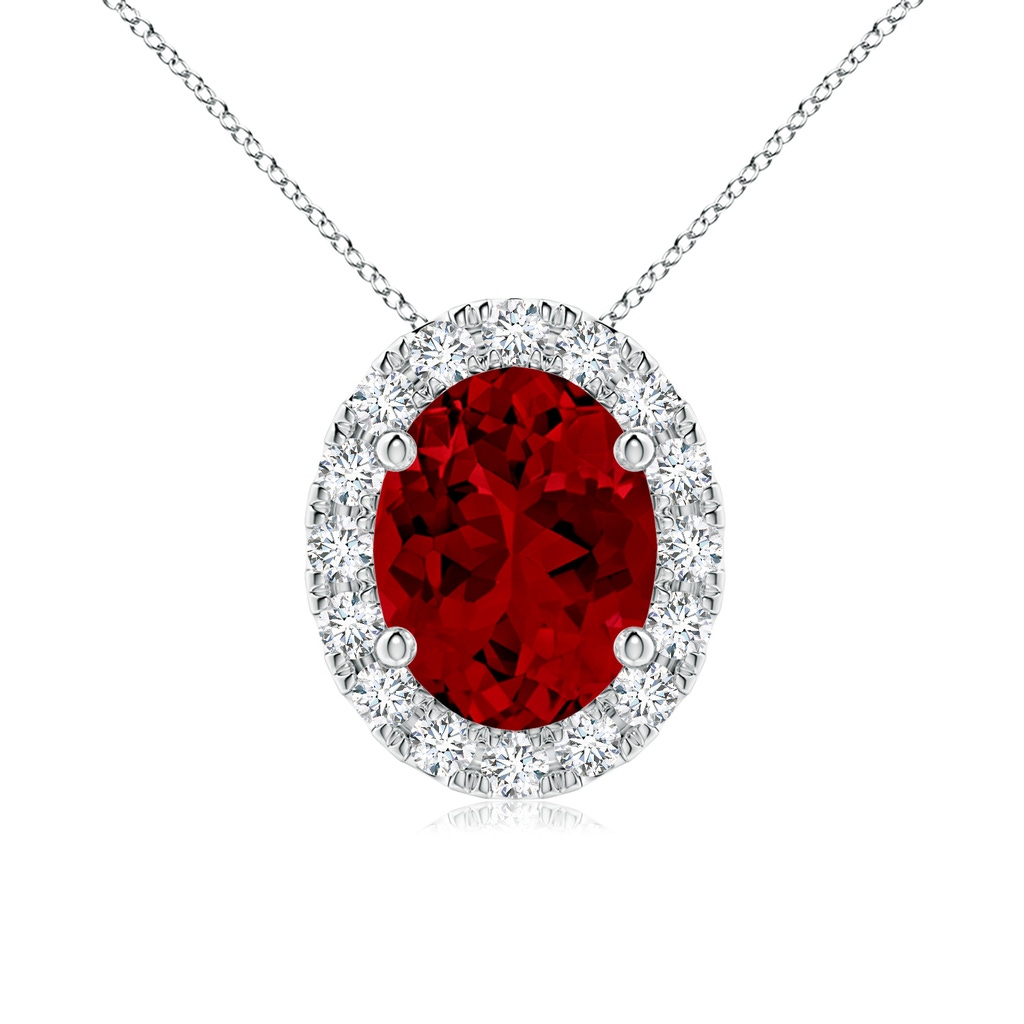 9x7mm Labgrown Lab-Grown Oval Ruby Halo Pendant in White Gold
