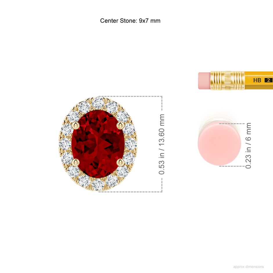 9x7mm Labgrown Lab-Grown Oval Ruby Halo Pendant in Yellow Gold ruler