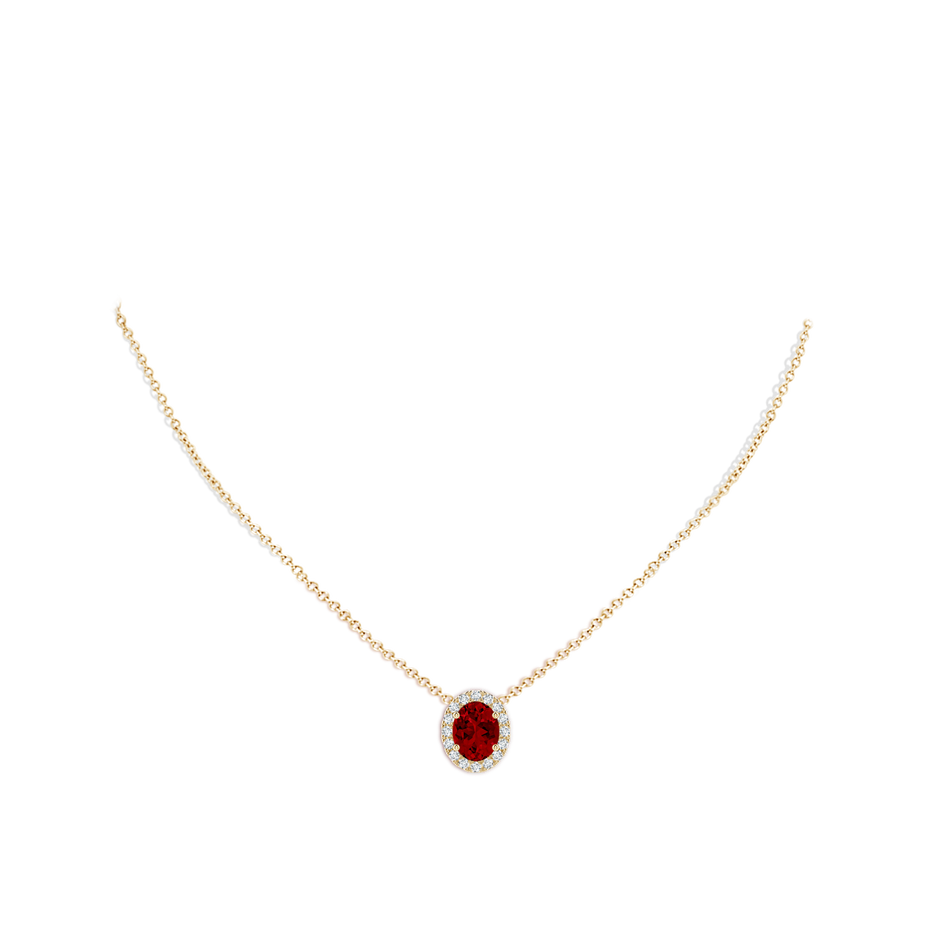 9x7mm Labgrown Lab-Grown Oval Ruby Halo Pendant in Yellow Gold pen