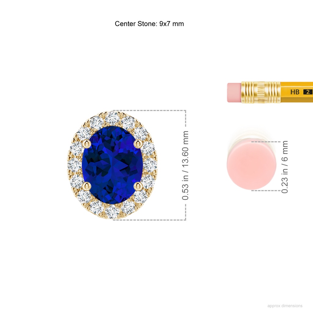9x7mm Labgrown Lab-Grown Oval Blue Sapphire Halo Pendant in Yellow Gold ruler