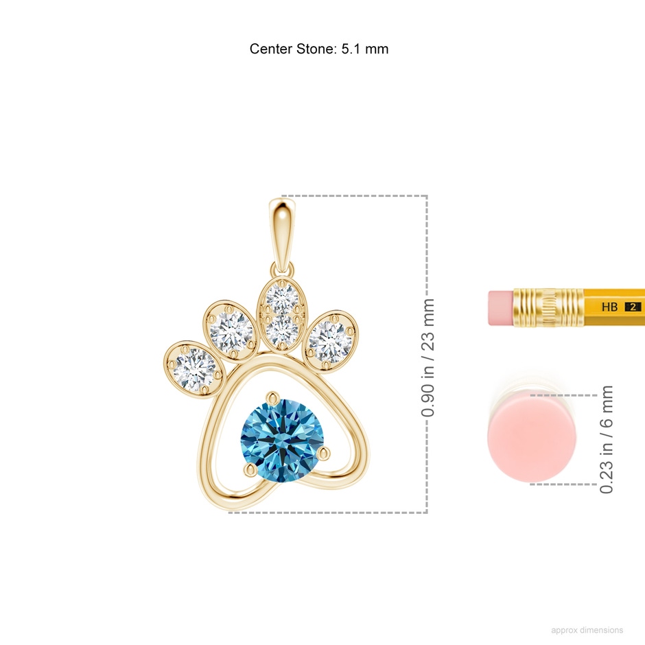 5.1mm Labgrown Lab-Grown Fancy Intense Blue Diamond Paw Print Pendant in Yellow Gold ruler