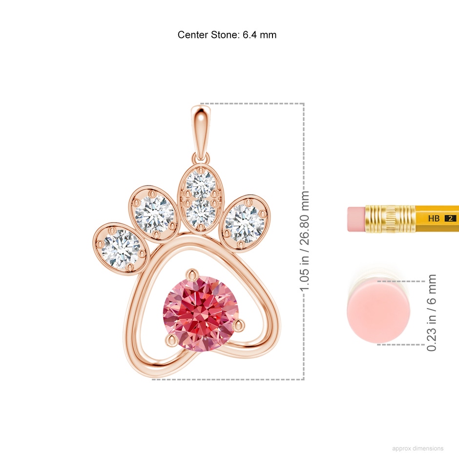 6.4mm Labgrown Lab-Grown Fancy Intense Pink Diamond Paw Print Pendant in Rose Gold ruler