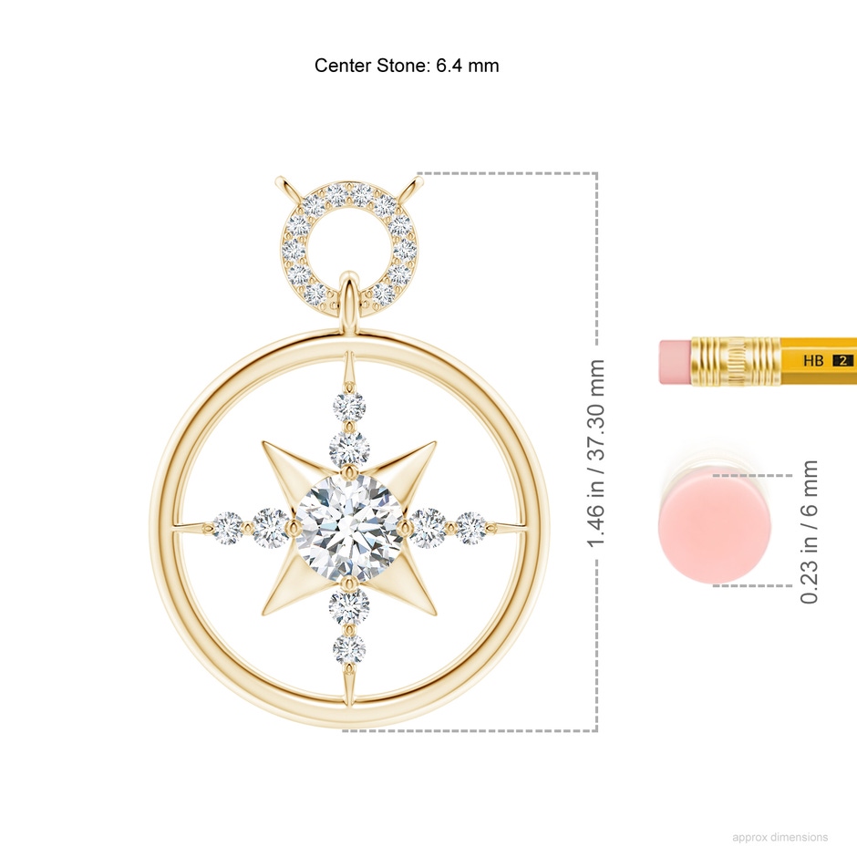 6.4mm FGVS Lab-Grown Diamond Compass Pendant in Yellow Gold ruler