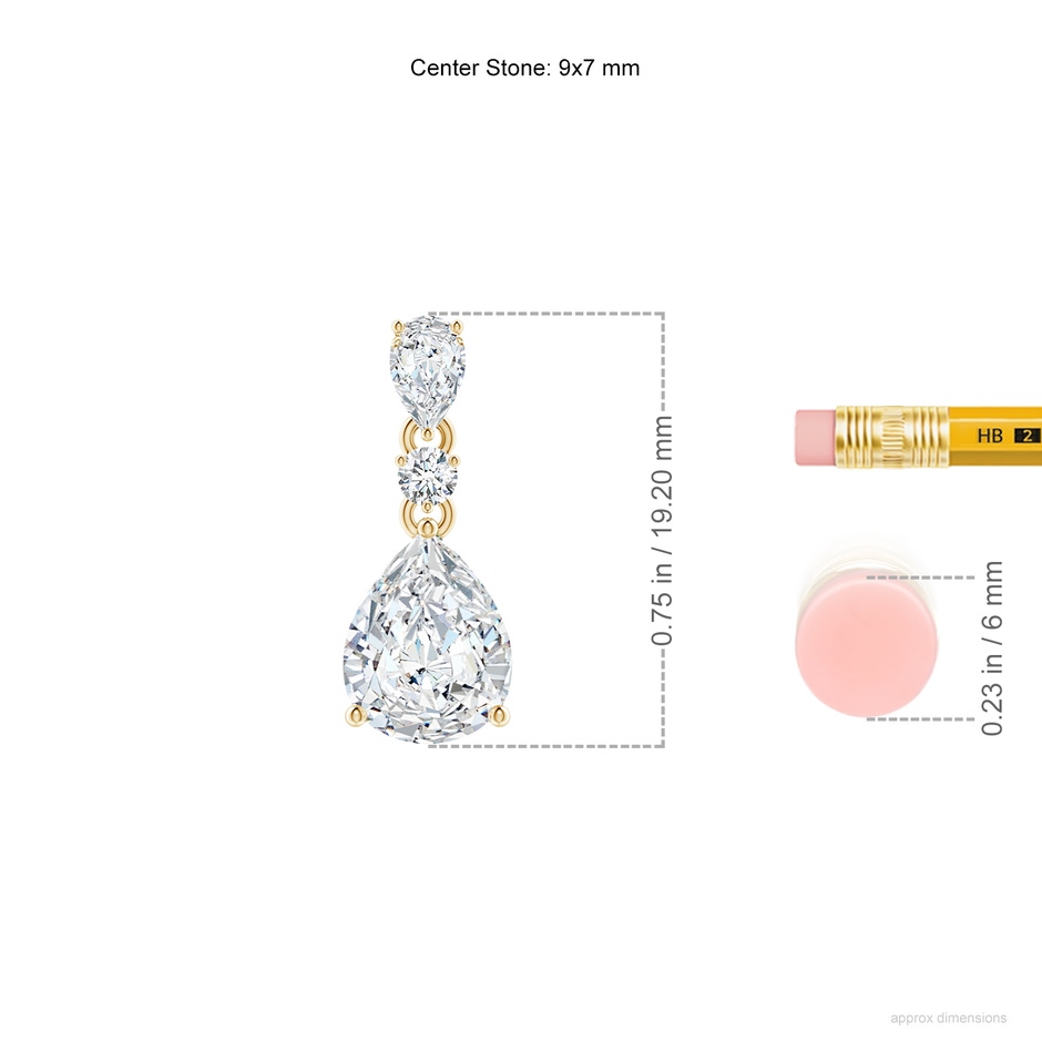 9x7mm FGVS Lab-Grown Pear and Round Diamond Three Stone Pendant in Yellow Gold ruler