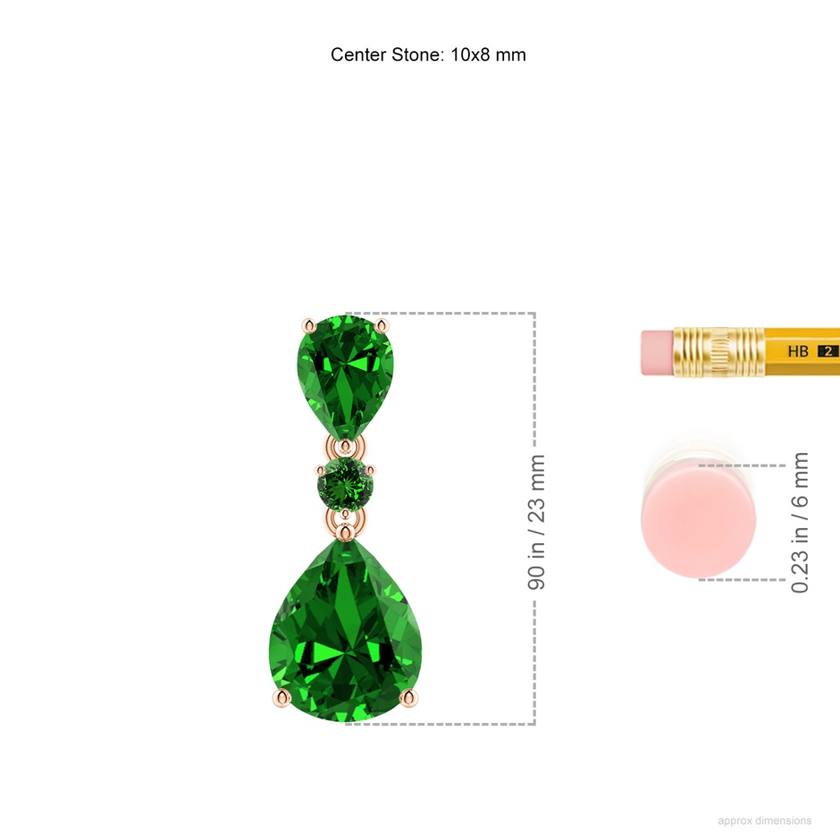 10x8mm Labgrown Lab-Grown Pear and Round Emerald Three Stone Pendant in Rose Gold ruler