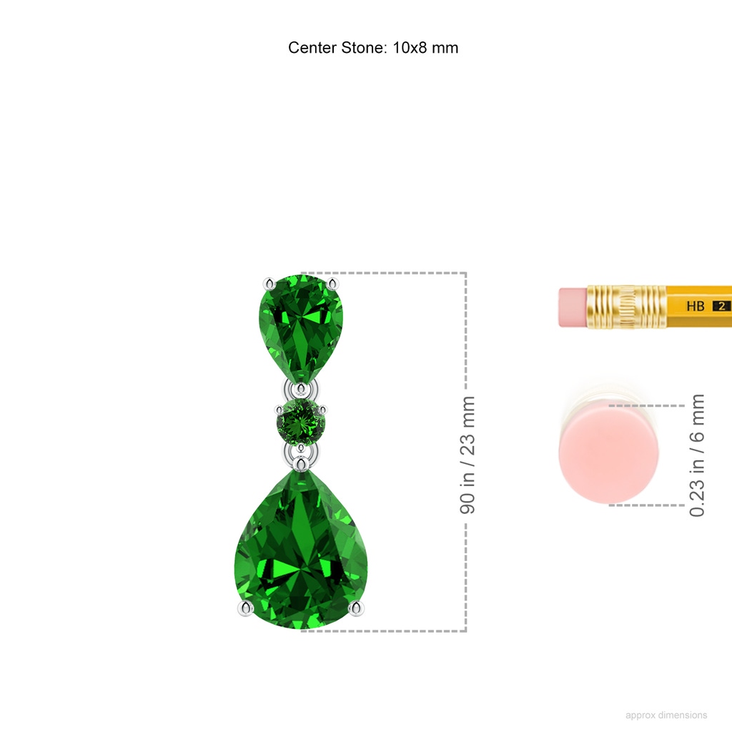 10x8mm Labgrown Lab-Grown Pear and Round Emerald Three Stone Pendant in White Gold ruler