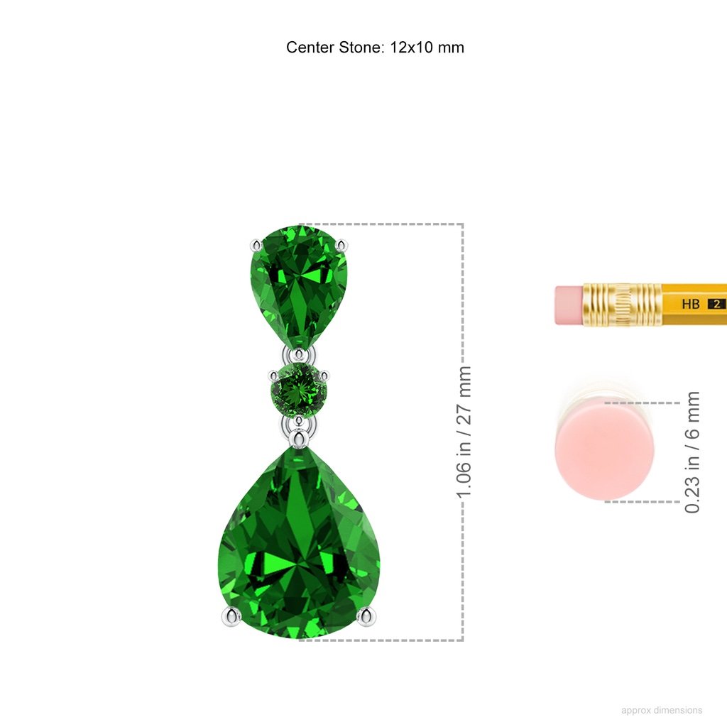 12x10mm Labgrown Lab-Grown Pear and Round Emerald Three Stone Pendant in White Gold ruler