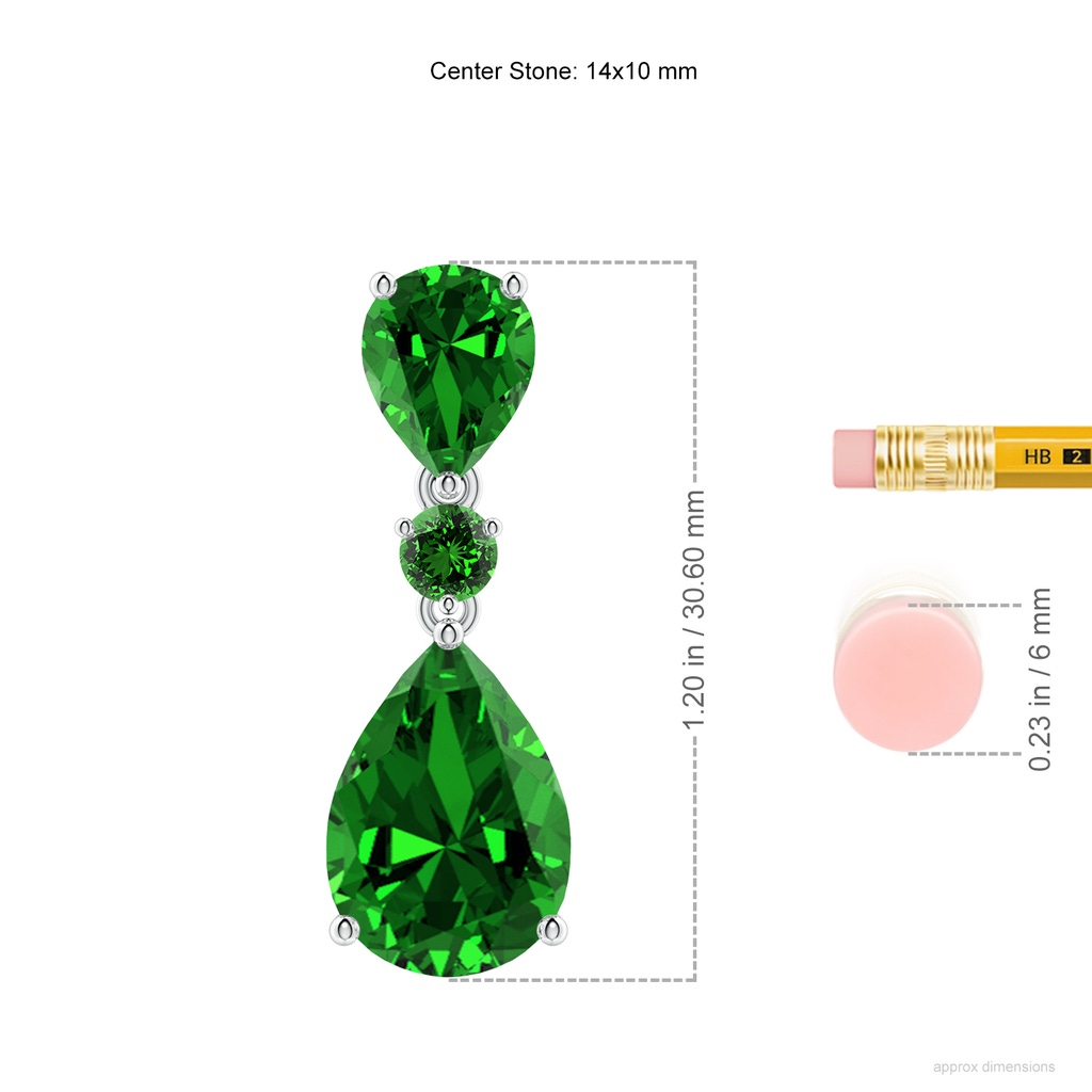 14x10mm Labgrown Lab-Grown Pear and Round Emerald Three Stone Pendant in White Gold ruler