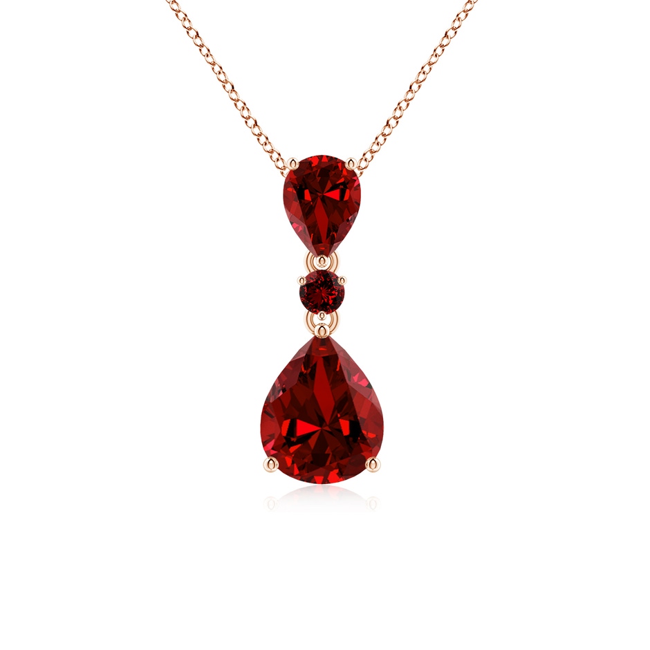 10x8mm Labgrown Lab-Grown Pear and Round Ruby Three Stone Pendant in Rose Gold 