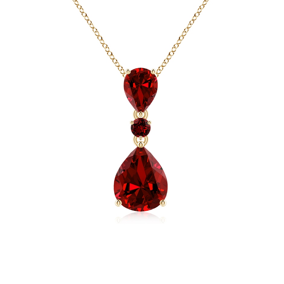 10x8mm Labgrown Lab-Grown Pear and Round Ruby Three Stone Pendant in Yellow Gold 