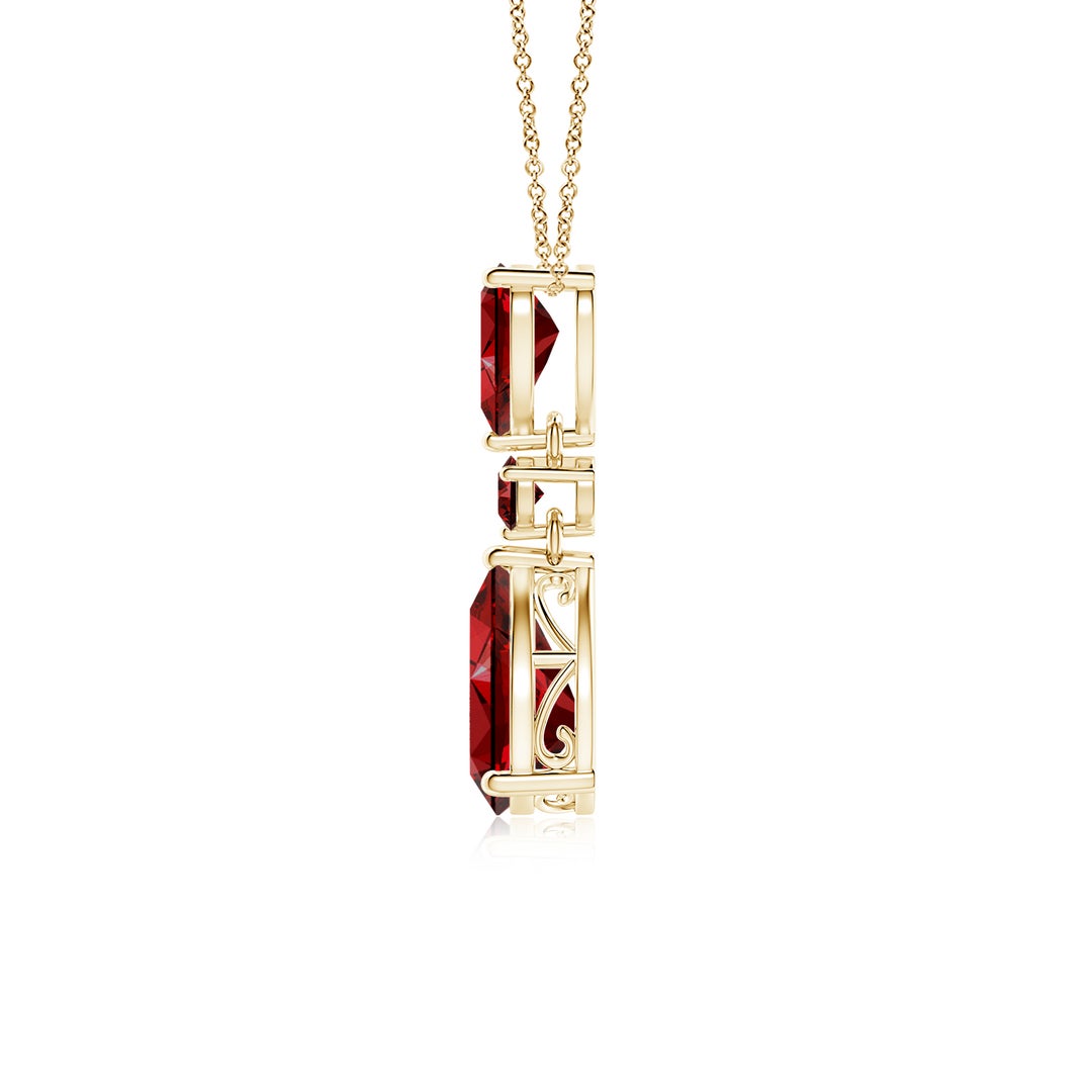 10x8mm Labgrown Lab-Grown Pear and Round Ruby Three Stone Pendant in Yellow Gold - side 3