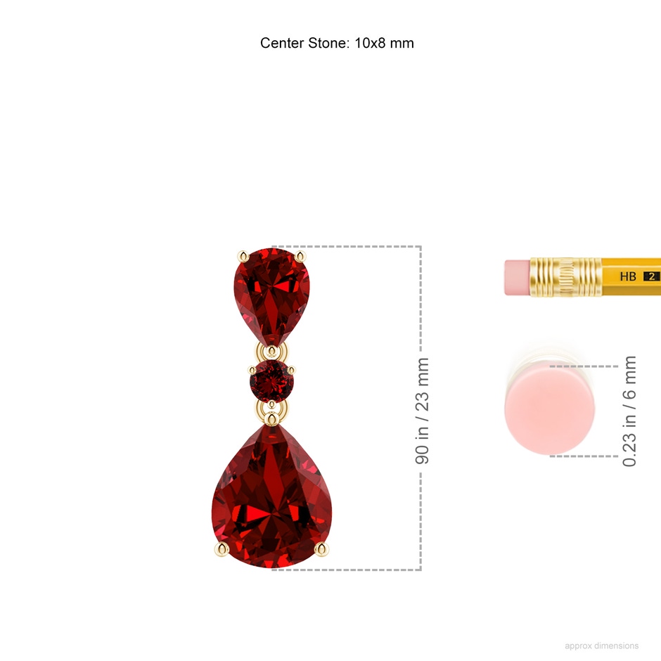 10x8mm Labgrown Lab-Grown Pear and Round Ruby Three Stone Pendant in Yellow Gold ruler