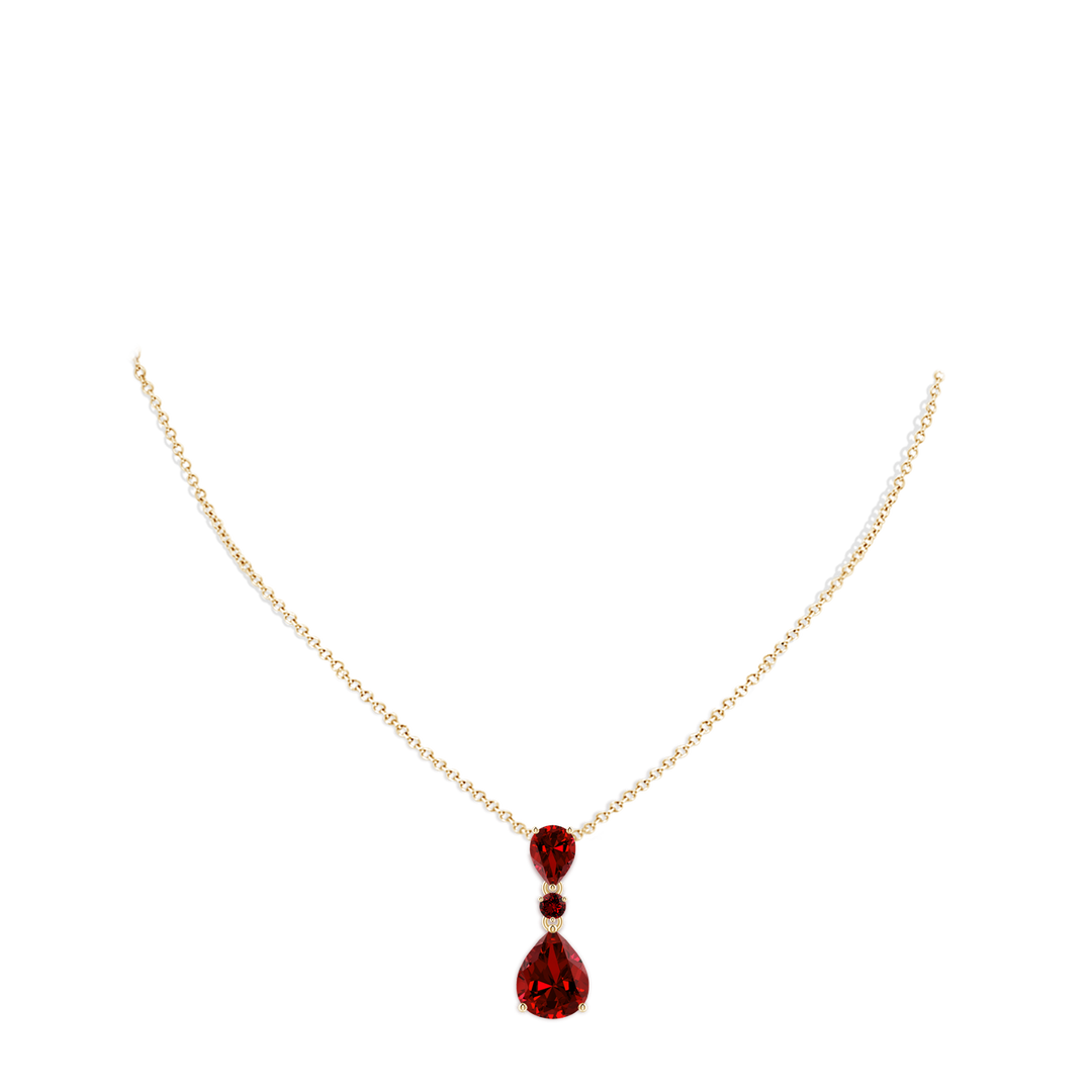 10x8mm Labgrown Lab-Grown Pear and Round Ruby Three Stone Pendant in Yellow Gold - body_neck