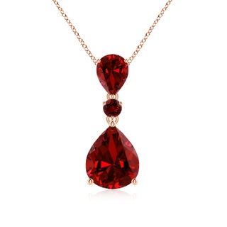 12x10mm Labgrown Lab-Grown Pear and Round Ruby Three Stone Pendant in Rose Gold