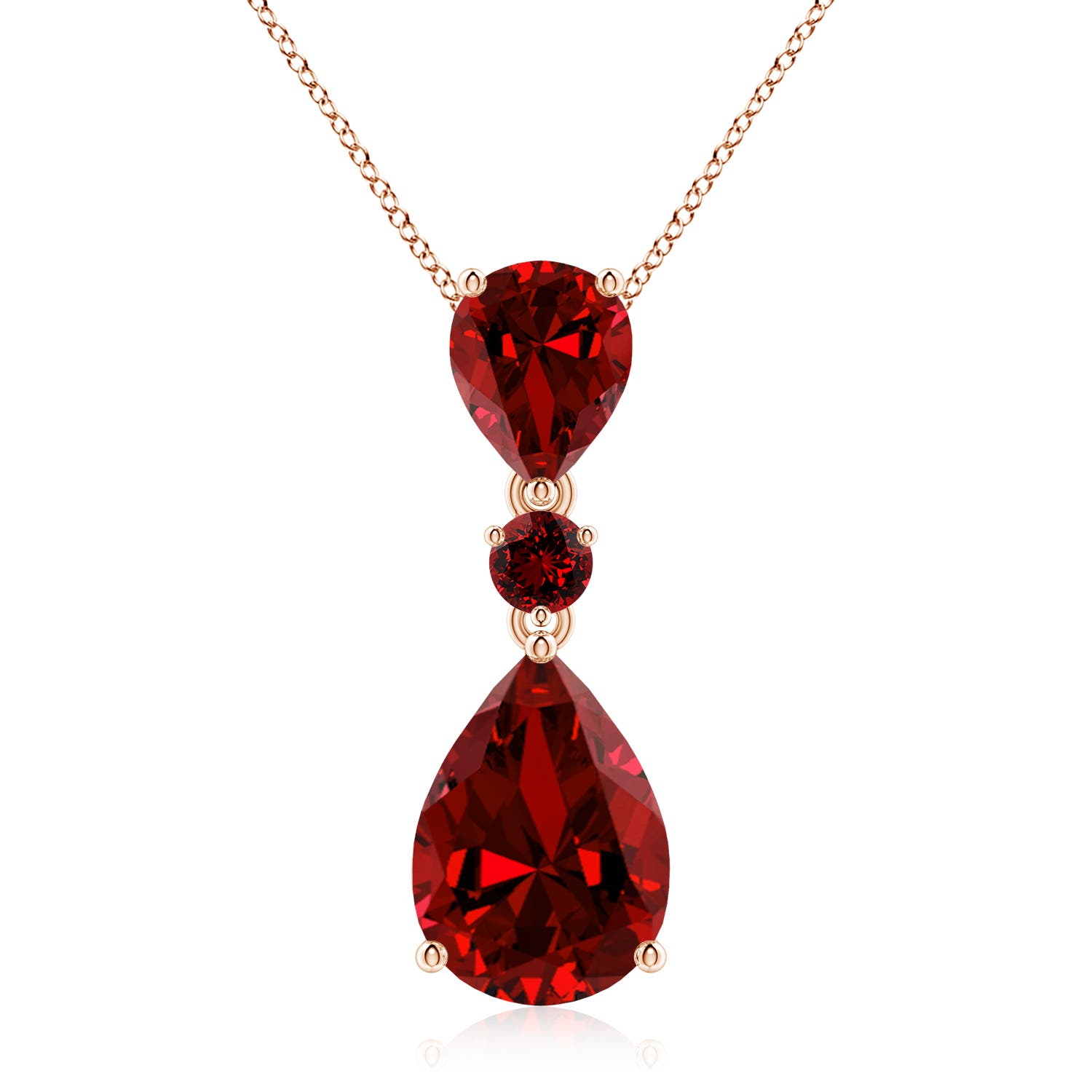 14x10mm Labgrown Lab-Grown Pear and Round Ruby Three Stone Pendant in Rose Gold