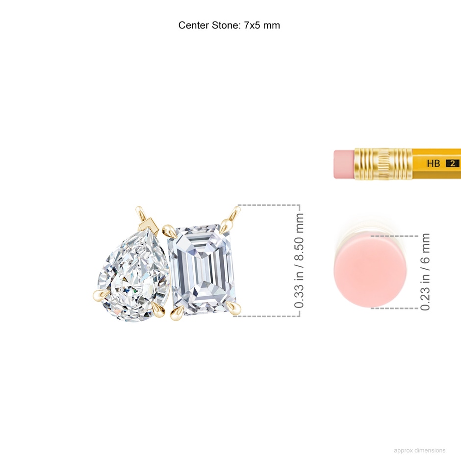 7x5mm FGVS Lab-Grown Emerald-Cut & Pear Diamond Two-Stone Pendant with Filigree in Yellow Gold ruler