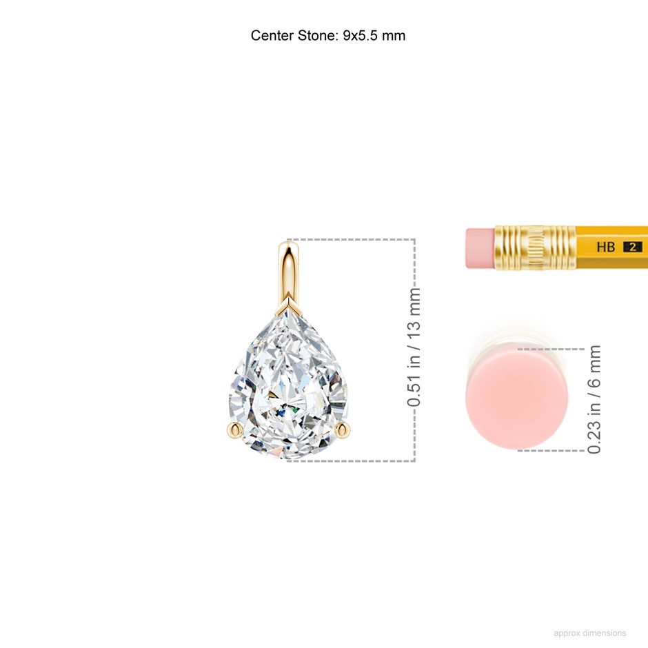 9x5.5mm FGVS Lab-Grown Solitaire Pear Diamond Classic Pendant in Yellow Gold ruler