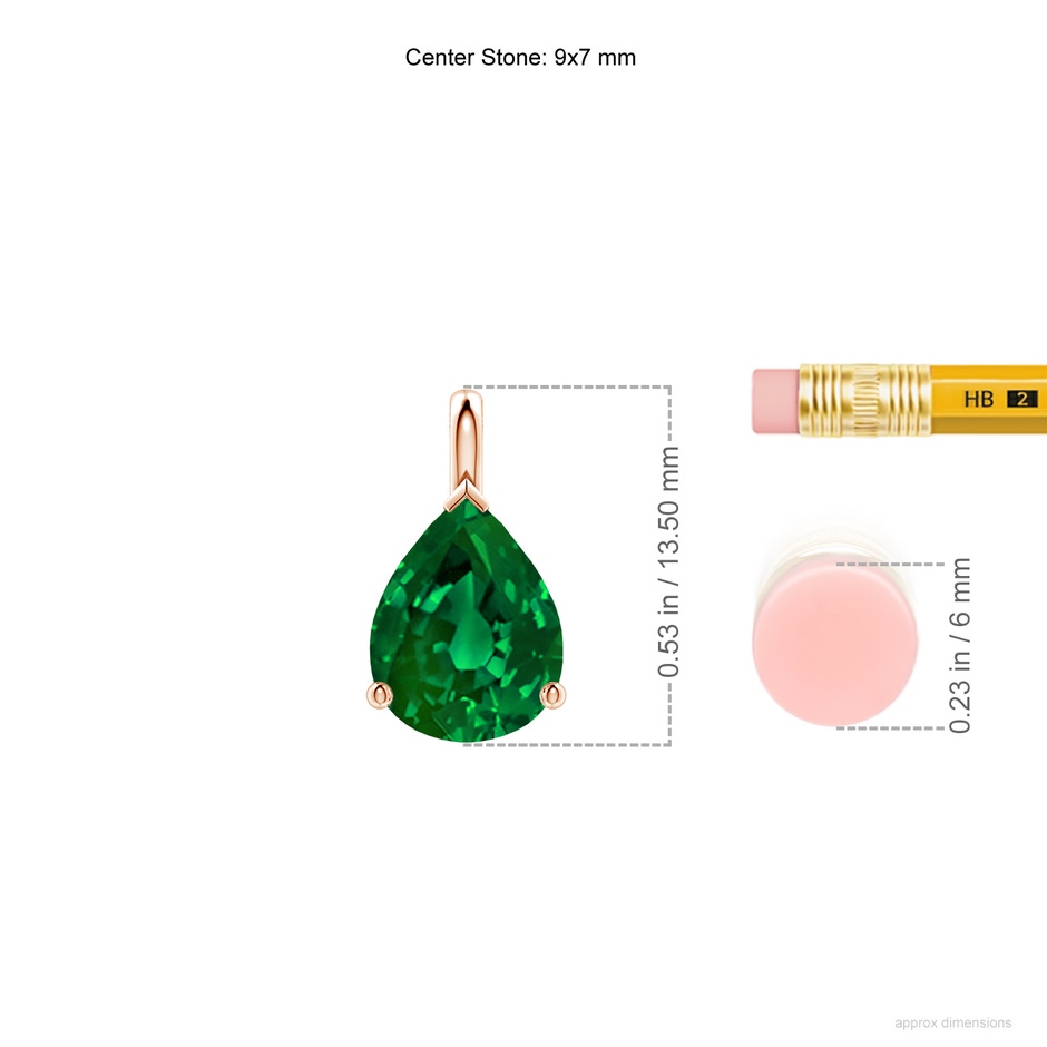 9x7mm Labgrown Lab-Grown Solitaire Pear Emerald Classic Pendant in Rose Gold ruler