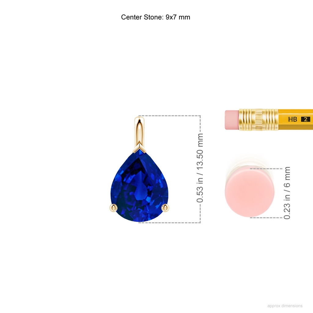 9x7mm Labgrown Lab-Grown Solitaire Pear Blue Sapphire Classic Pendant in Yellow Gold ruler