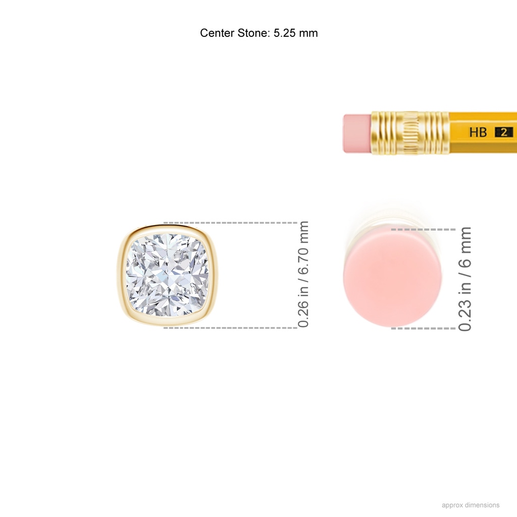 5.25mm FGVS Lab-Grown Bezel-Set Cushion Diamond Solitaire Pendant in Yellow Gold ruler