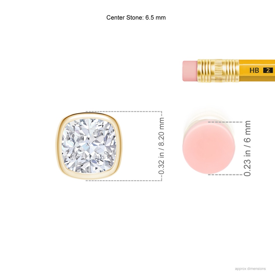 6.5mm FGVS Lab-Grown Bezel-Set Cushion Diamond Solitaire Pendant in Yellow Gold ruler