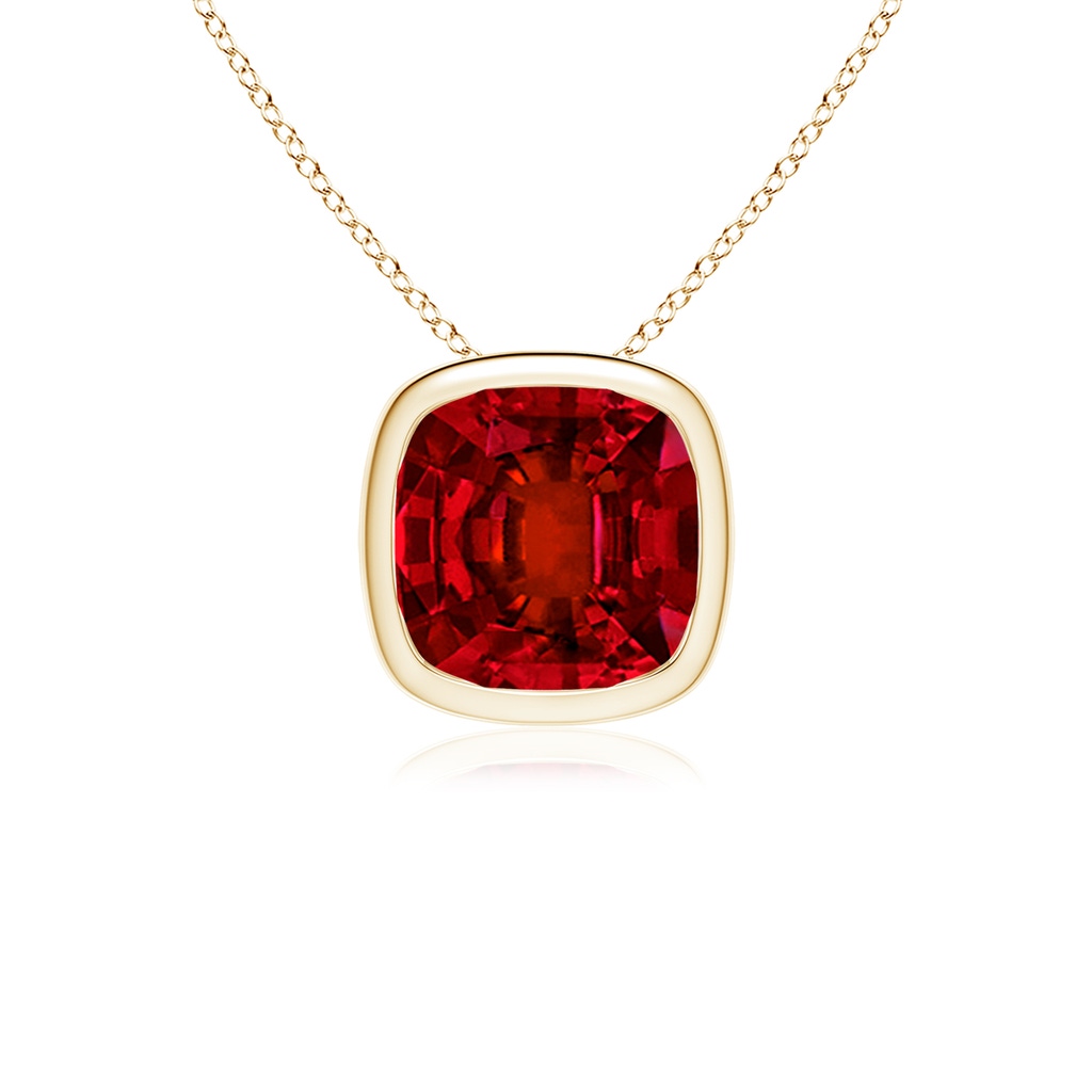 10mm Labgrown Lab-Grown Bezel-Set Cushion Ruby Solitaire Pendant in Yellow Gold