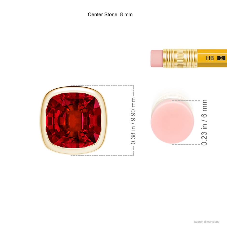 8mm Labgrown Lab-Grown Bezel-Set Cushion Ruby Solitaire Pendant in Yellow Gold ruler