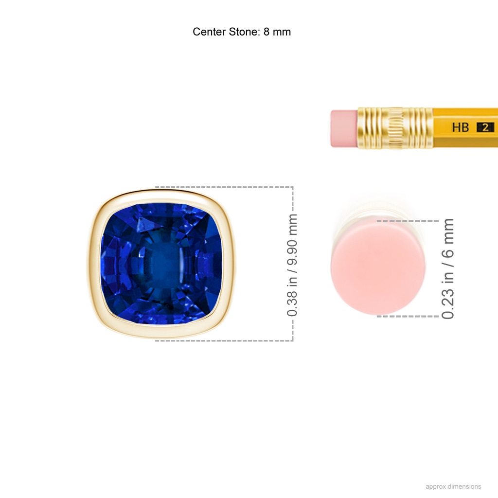 8mm Labgrown Lab-Grown Bezel-Set Cushion Blue Sapphire Solitaire Pendant in Yellow Gold ruler