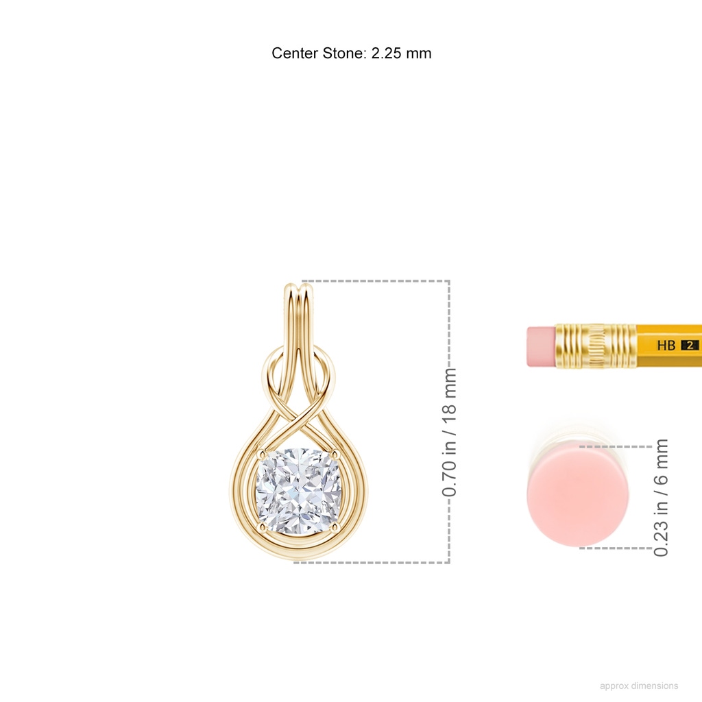 5.25mm FGVS Lab-Grown Cushion Diamond Solitaire Infinity Knot Pendant in Yellow Gold ruler