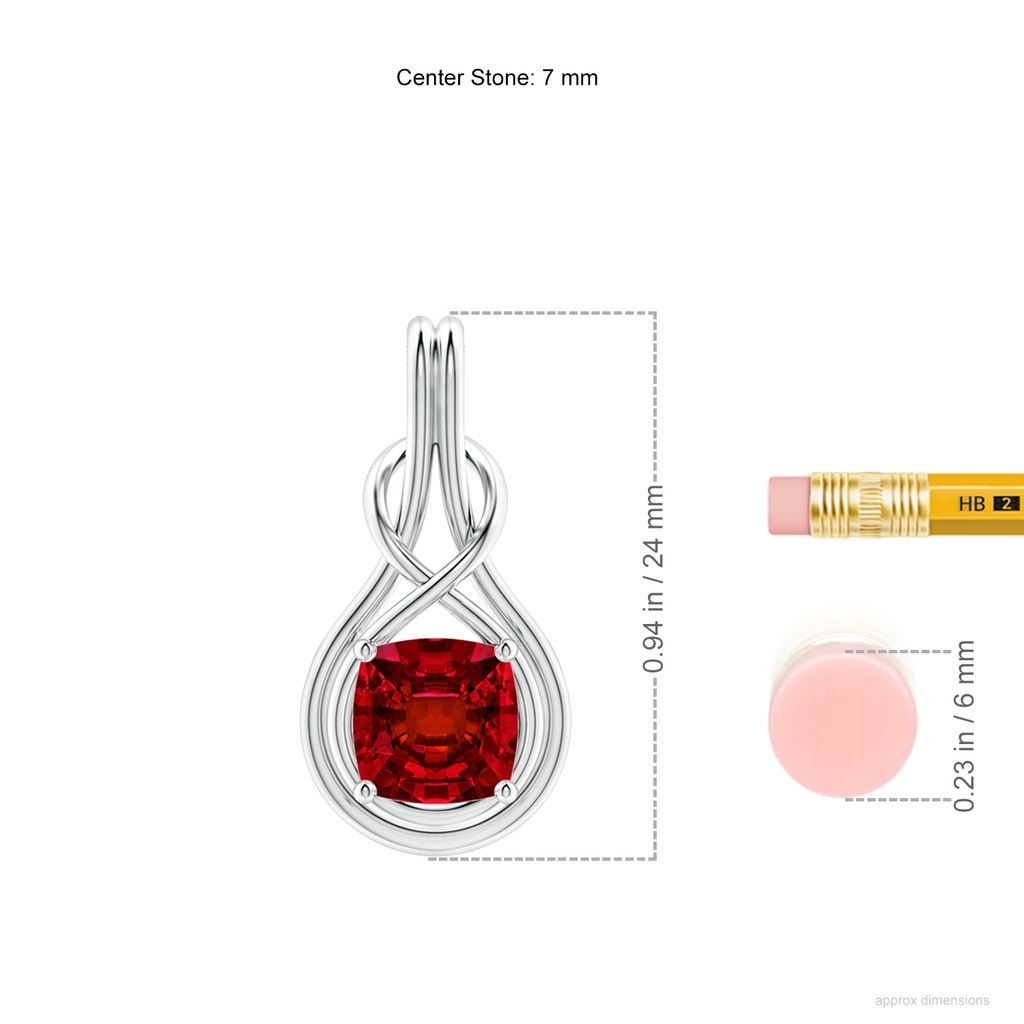 7mm Labgrown Lab-Grown Cushion Ruby Solitaire Infinity Knot Pendant in White Gold ruler