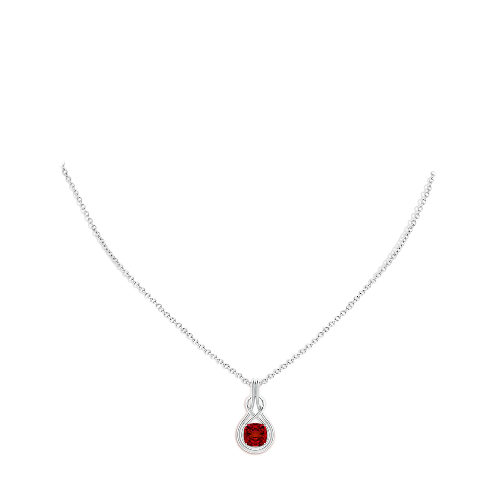 7mm Labgrown Lab-Grown Cushion Ruby Solitaire Infinity Knot Pendant in White Gold pen