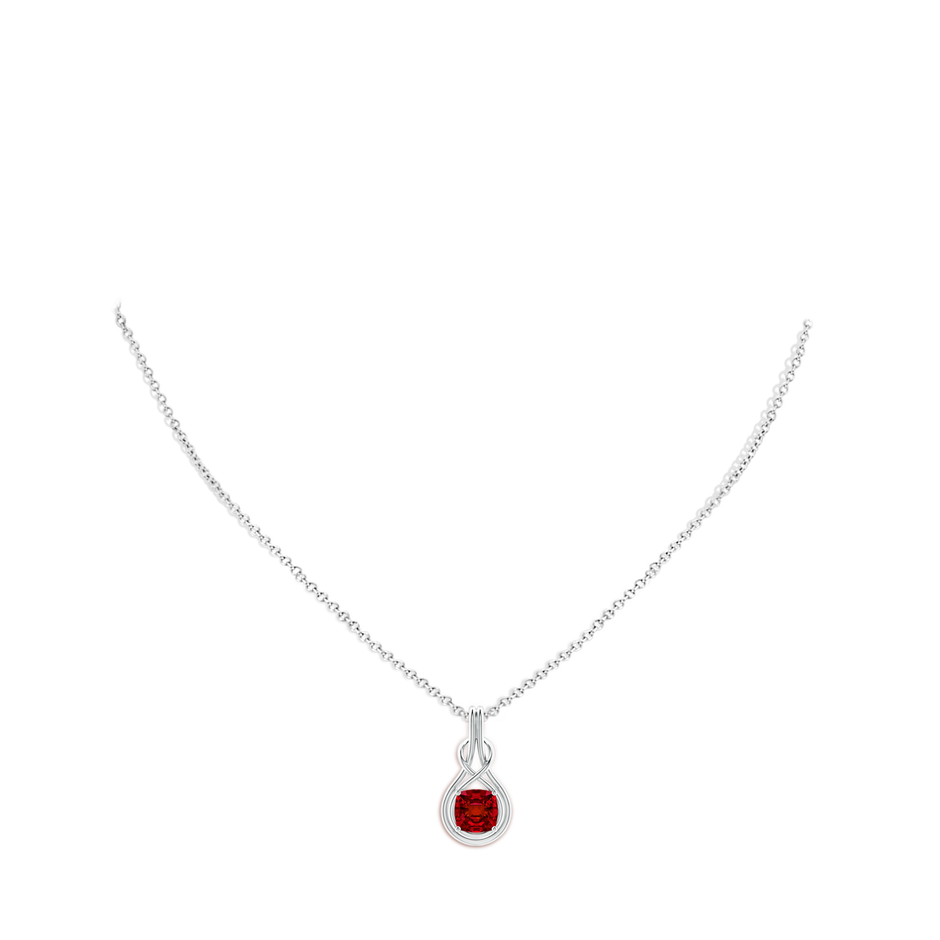 7mm Labgrown Lab-Grown Cushion Ruby Solitaire Infinity Knot Pendant in White Gold pen