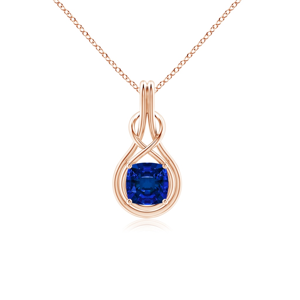 7mm Labgrown Lab-Grown Cushion Blue Sapphire Solitaire Infinity Knot Pendant in Rose Gold