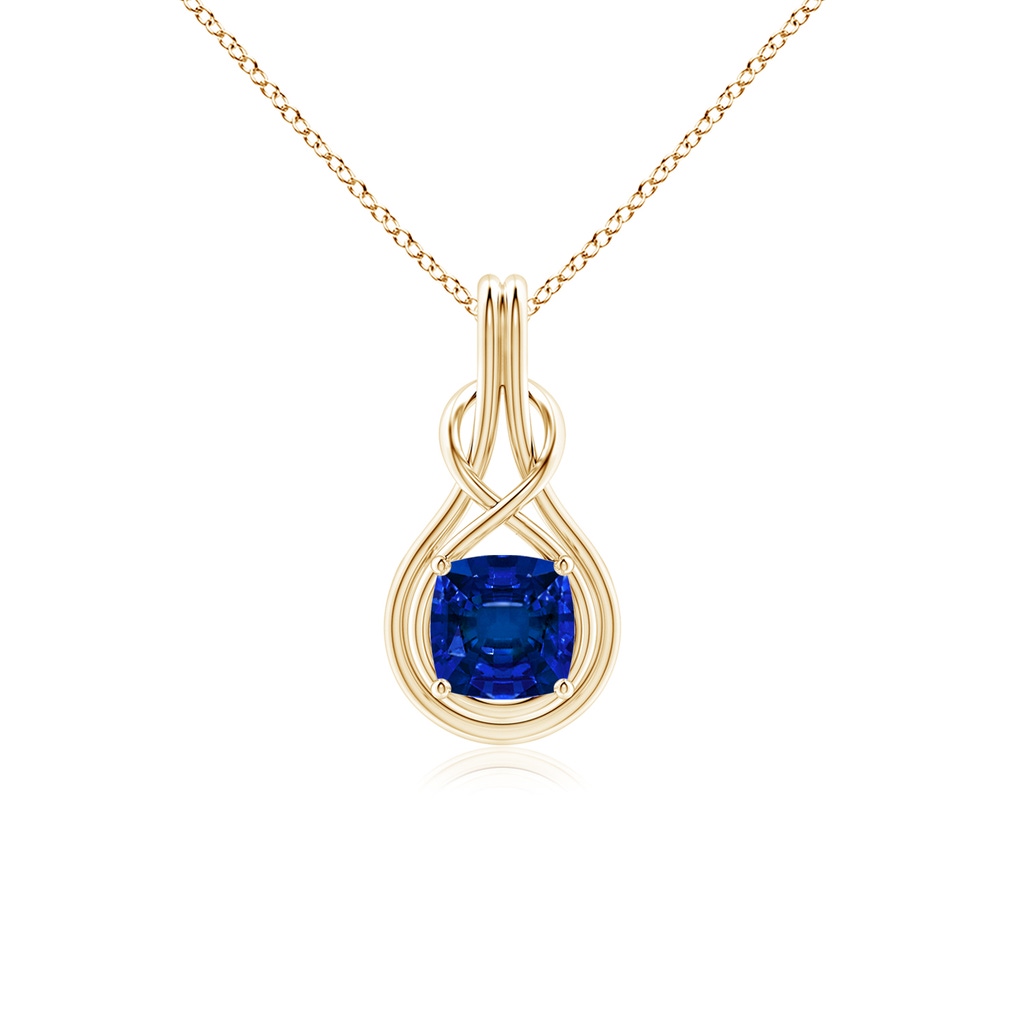 7mm Labgrown Lab-Grown Cushion Blue Sapphire Solitaire Infinity Knot Pendant in Yellow Gold