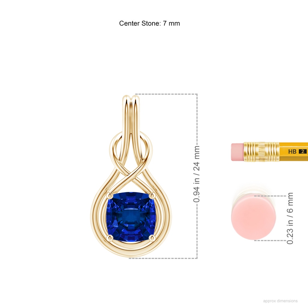 7mm Labgrown Lab-Grown Cushion Blue Sapphire Solitaire Infinity Knot Pendant in Yellow Gold ruler