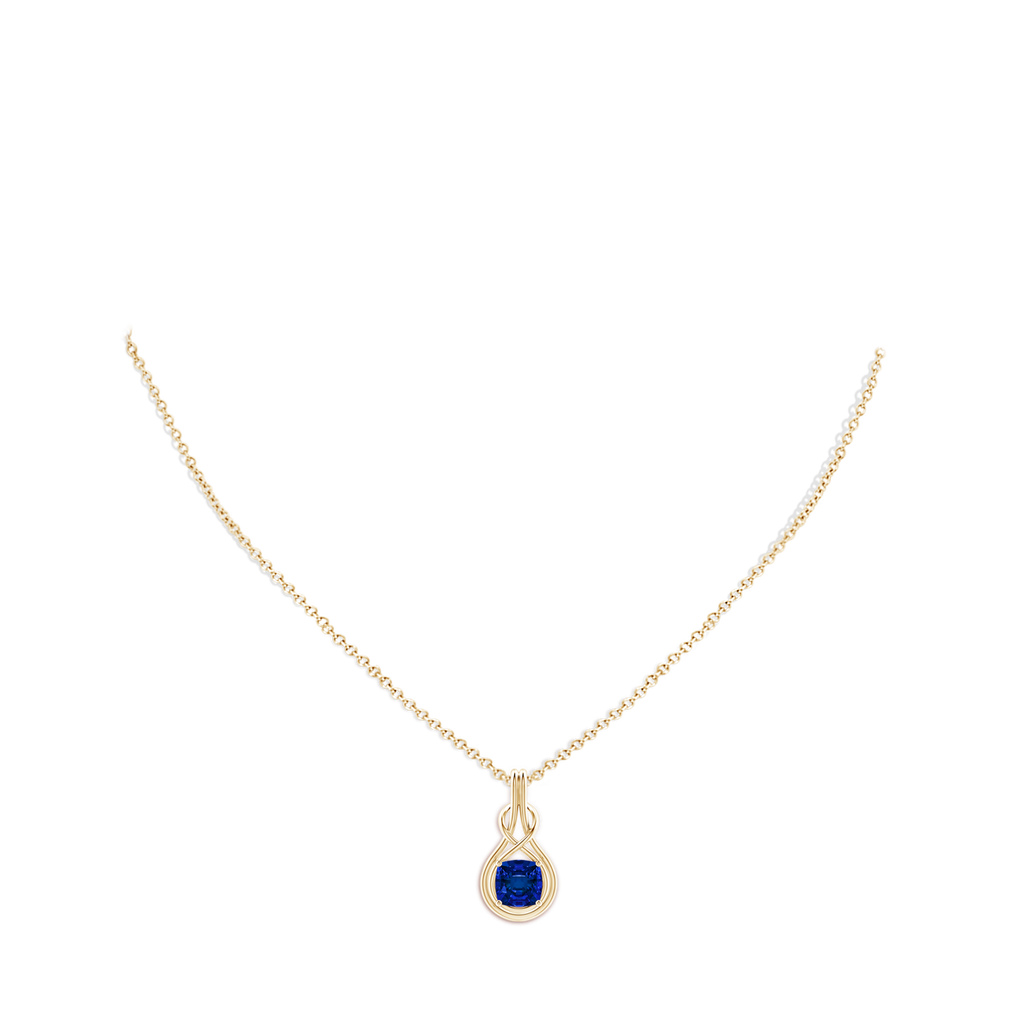 7mm Labgrown Lab-Grown Cushion Blue Sapphire Solitaire Infinity Knot Pendant in Yellow Gold pen