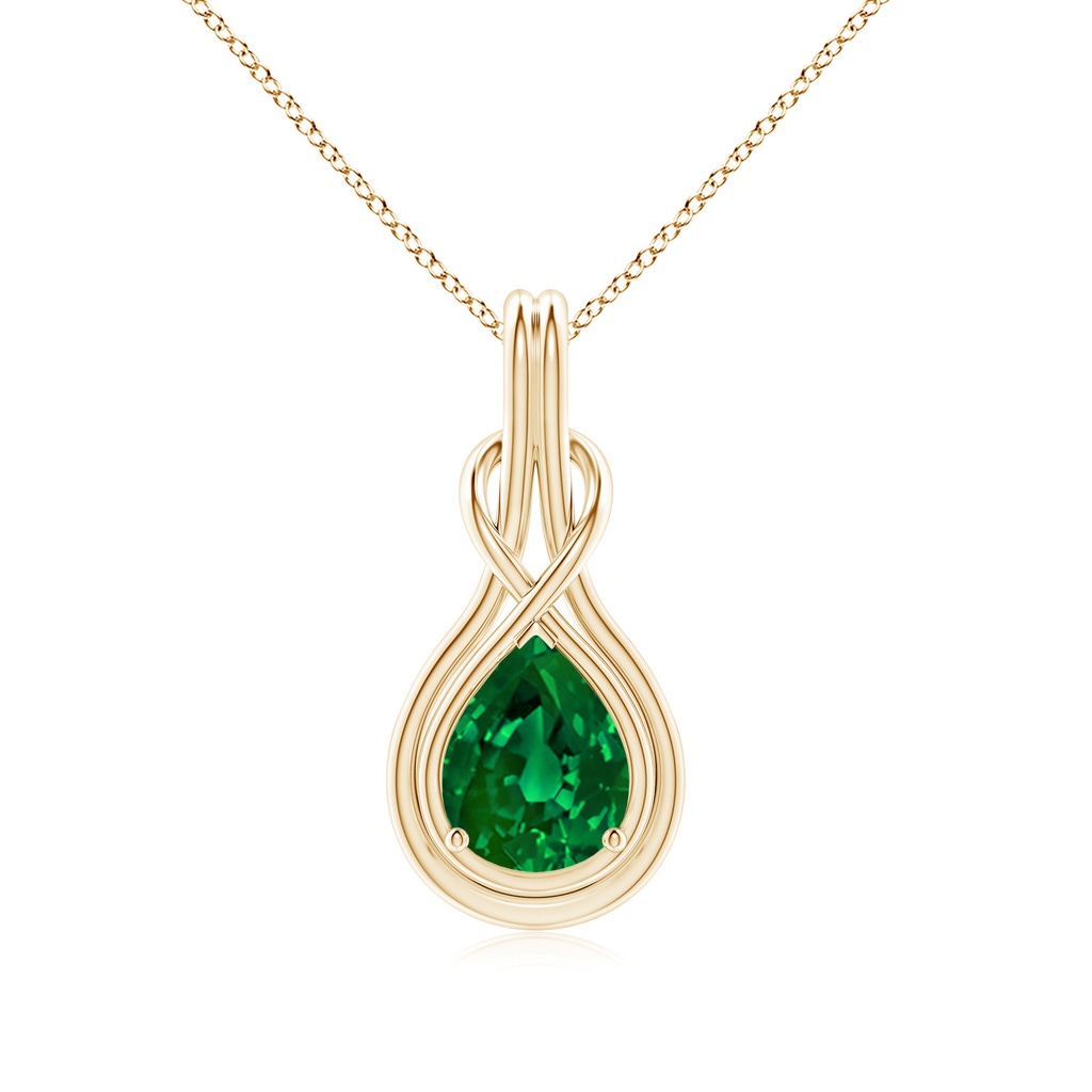 10x8mm Labgrown Lab-Grown Pear Emerald Solitaire Infinity Knot Pendant in Yellow Gold