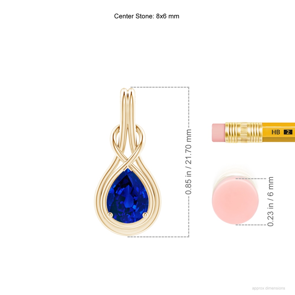 8x6mm Labgrown Lab-Grown Pear Blue Sapphire Solitaire Infinity Knot Pendant in Yellow Gold ruler