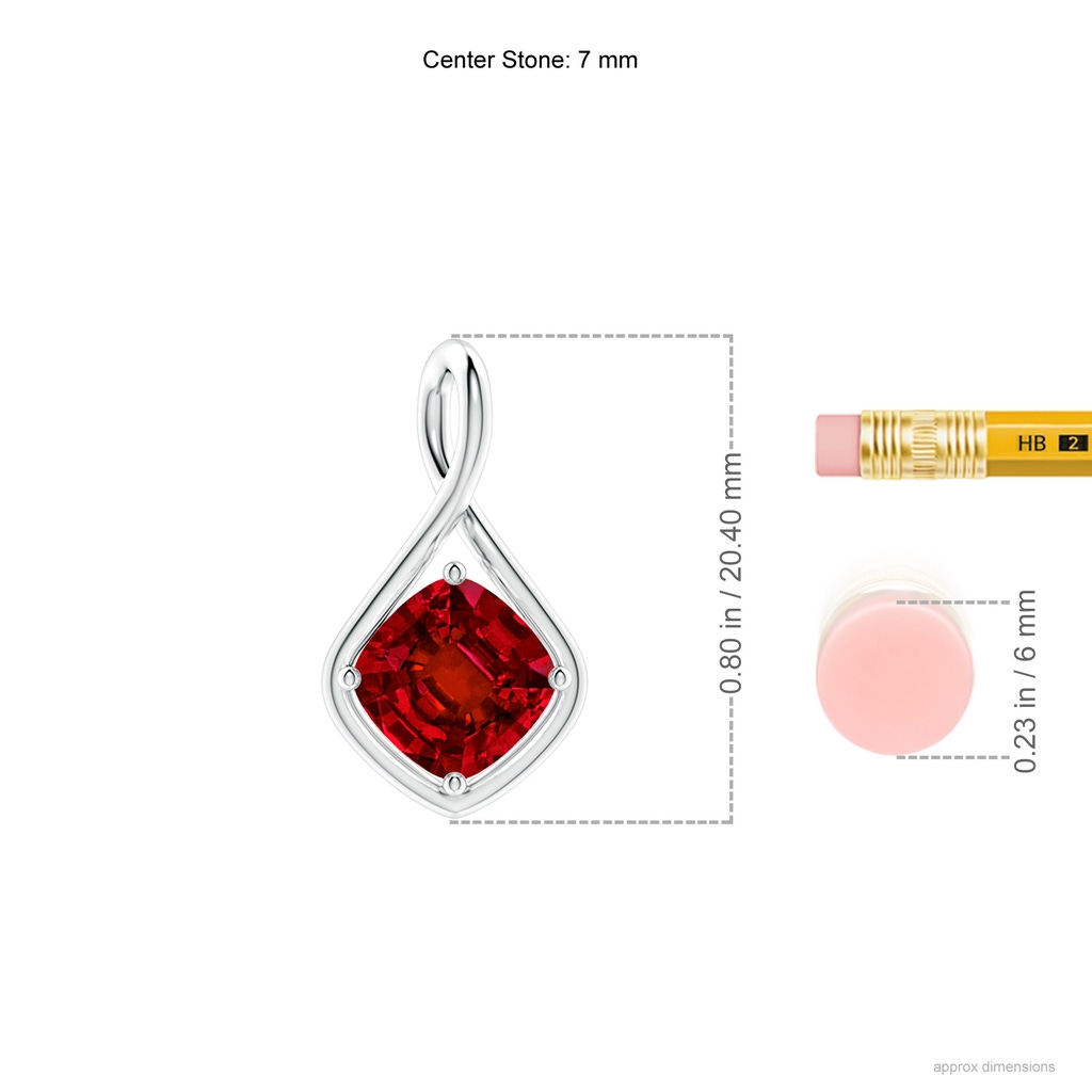 7mm Labgrown Lab-Grown Solitaire Cushion Ruby Twist Bale Pendant in White Gold ruler