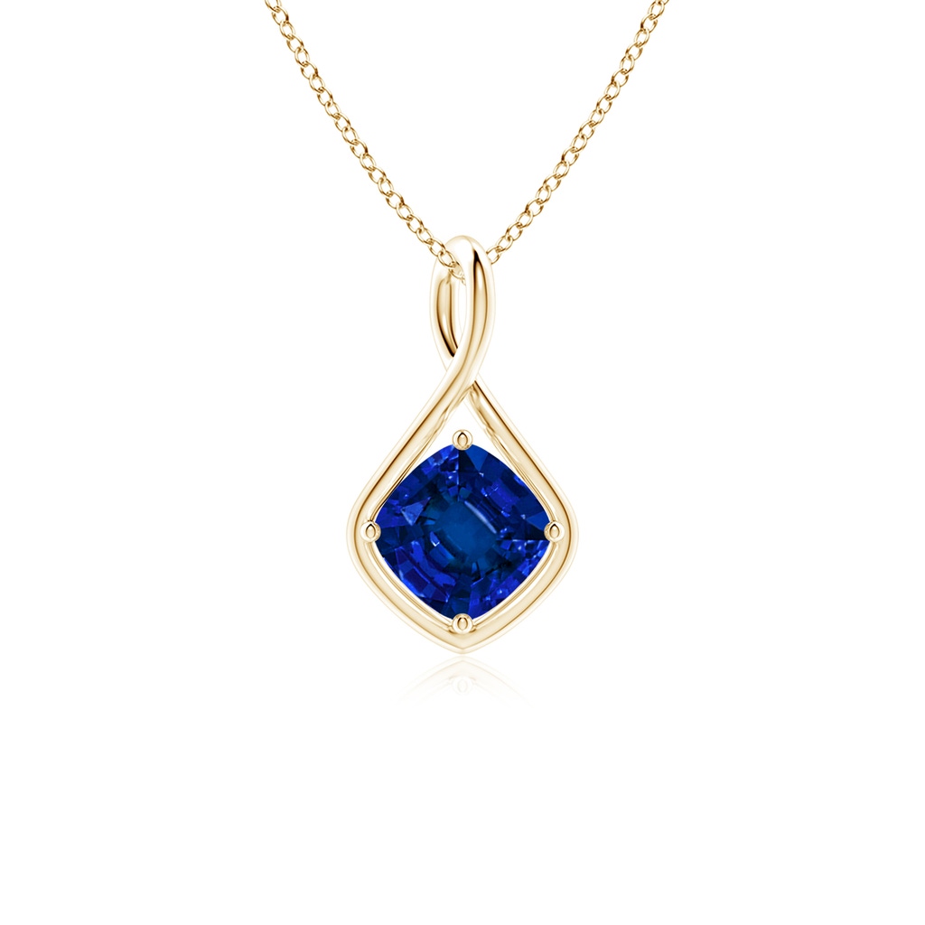 7mm Labgrown Lab-Grown Solitaire Cushion Blue Sapphire Twist Bale Pendant in Yellow Gold
