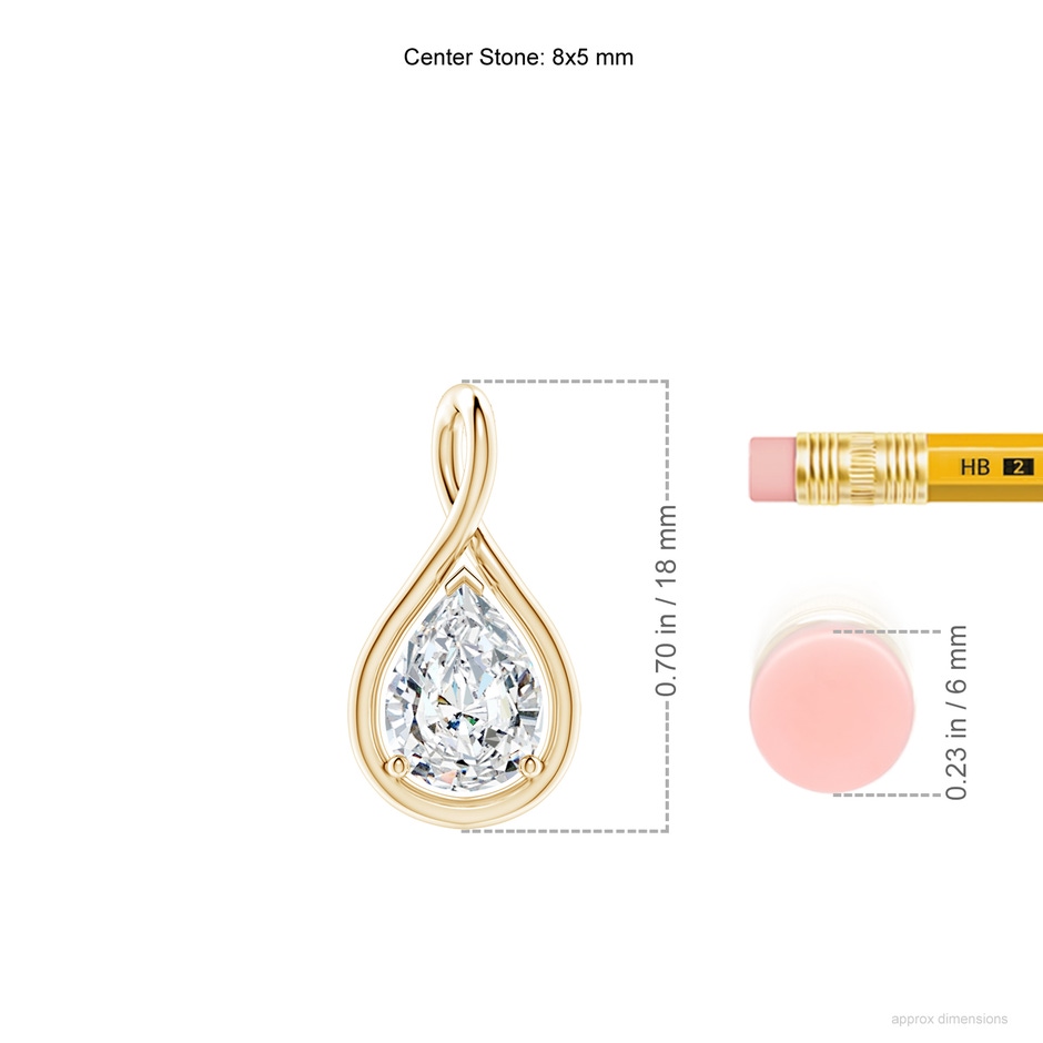 8x5mm FGVS Lab-Grown Solitaire Pear Diamond Twist Bale Pendant in Yellow Gold ruler