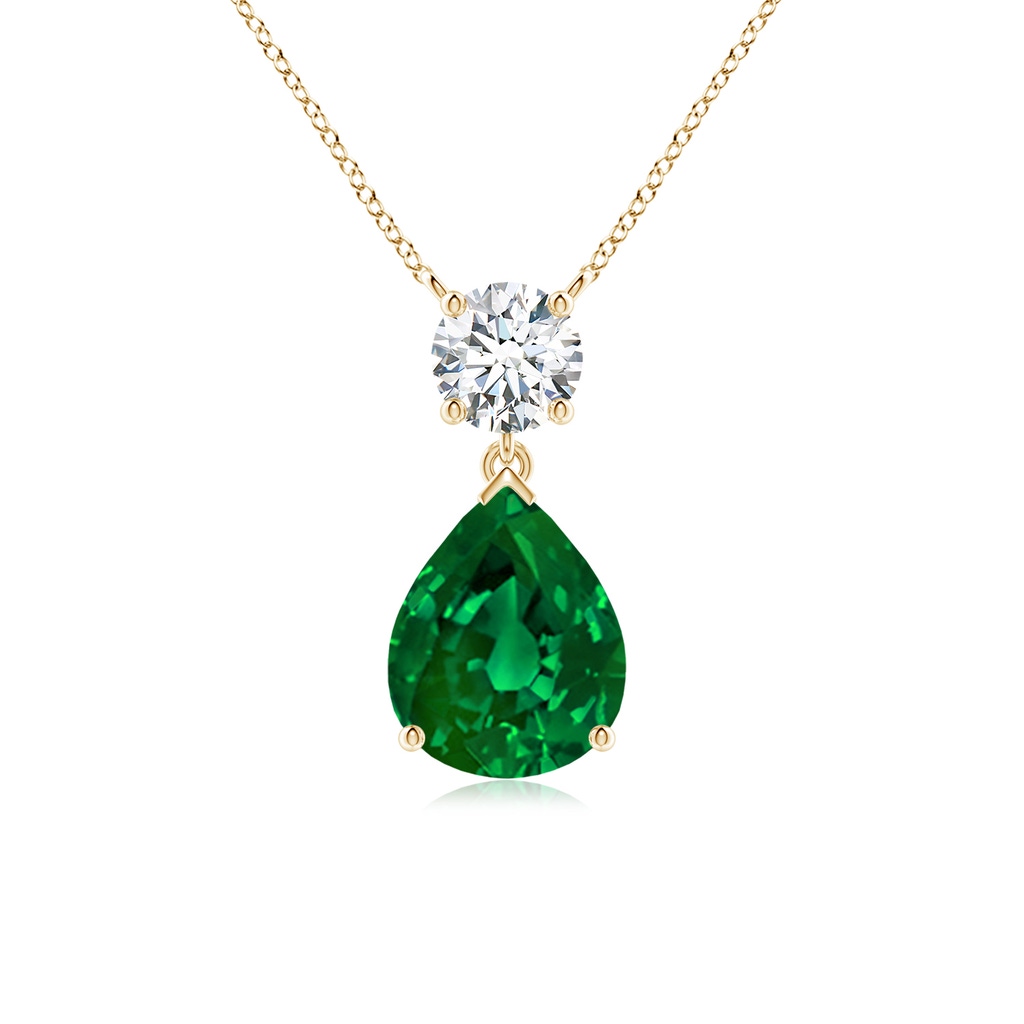 10x8mm Labgrown Lab-Grown Solitaire Pear Emerald Drop Pendant with Lab Diamond Accent in Yellow Gold