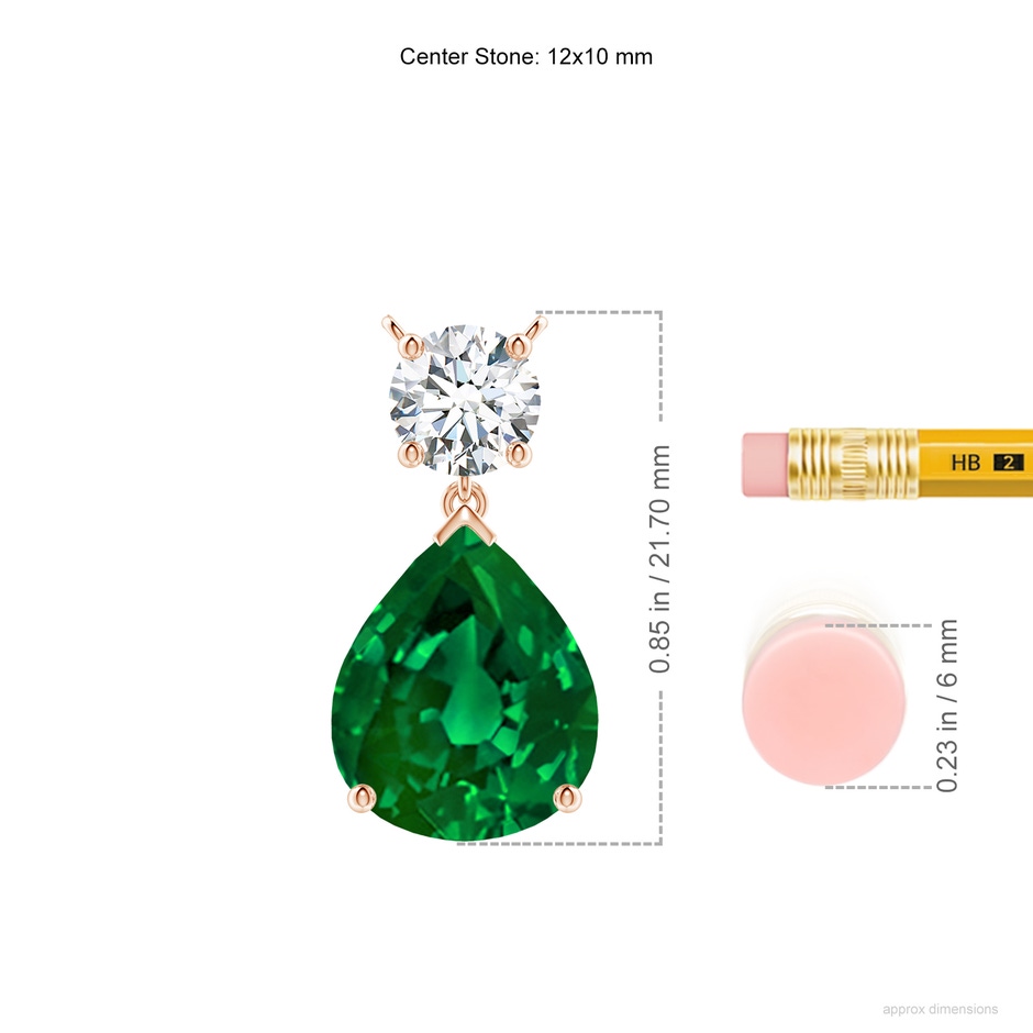 12x10mm Labgrown Lab-Grown Solitaire Pear Emerald Drop Pendant with Lab Diamond Accent in Rose Gold ruler