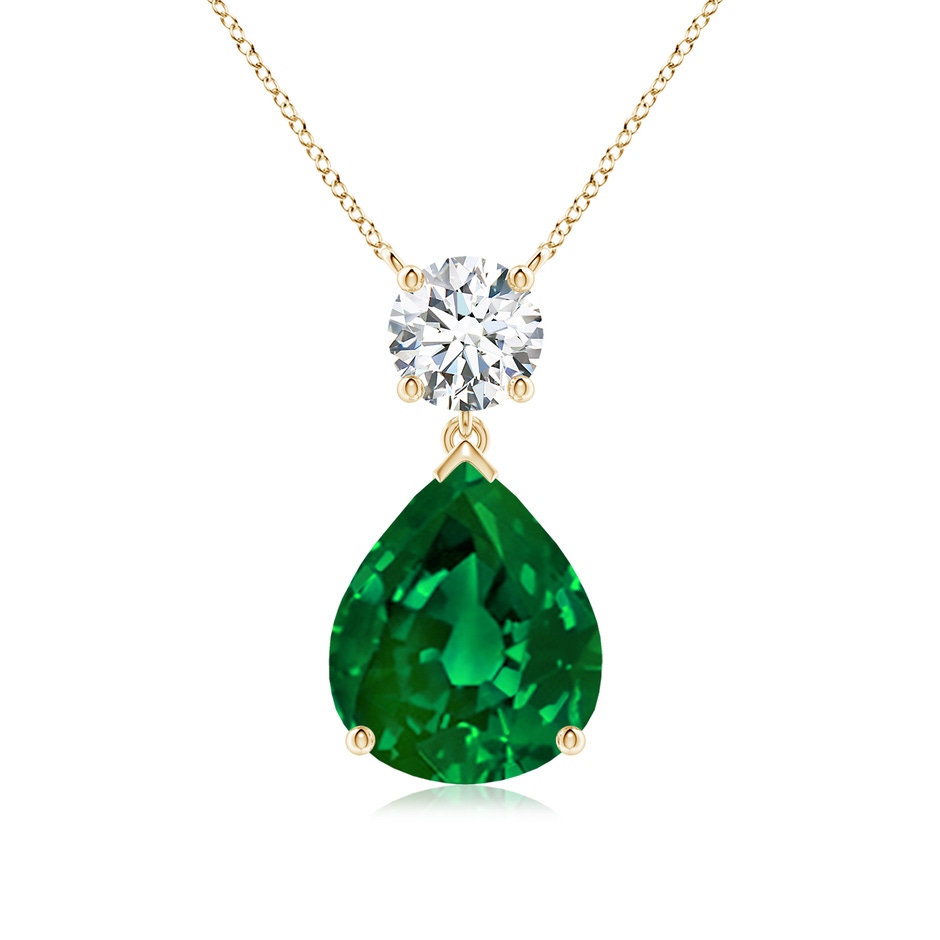 12x10mm Labgrown Lab-Grown Solitaire Pear Emerald Drop Pendant with Lab Diamond Accent in Yellow Gold 