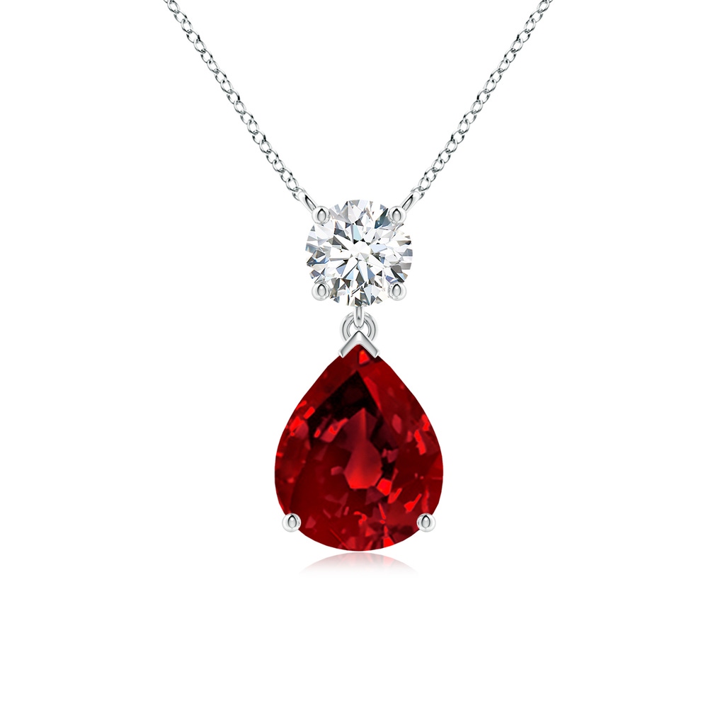 10x8mm Labgrown Lab-Grown Solitaire Pear Ruby Drop Pendant with Lab Diamond Accent in White Gold